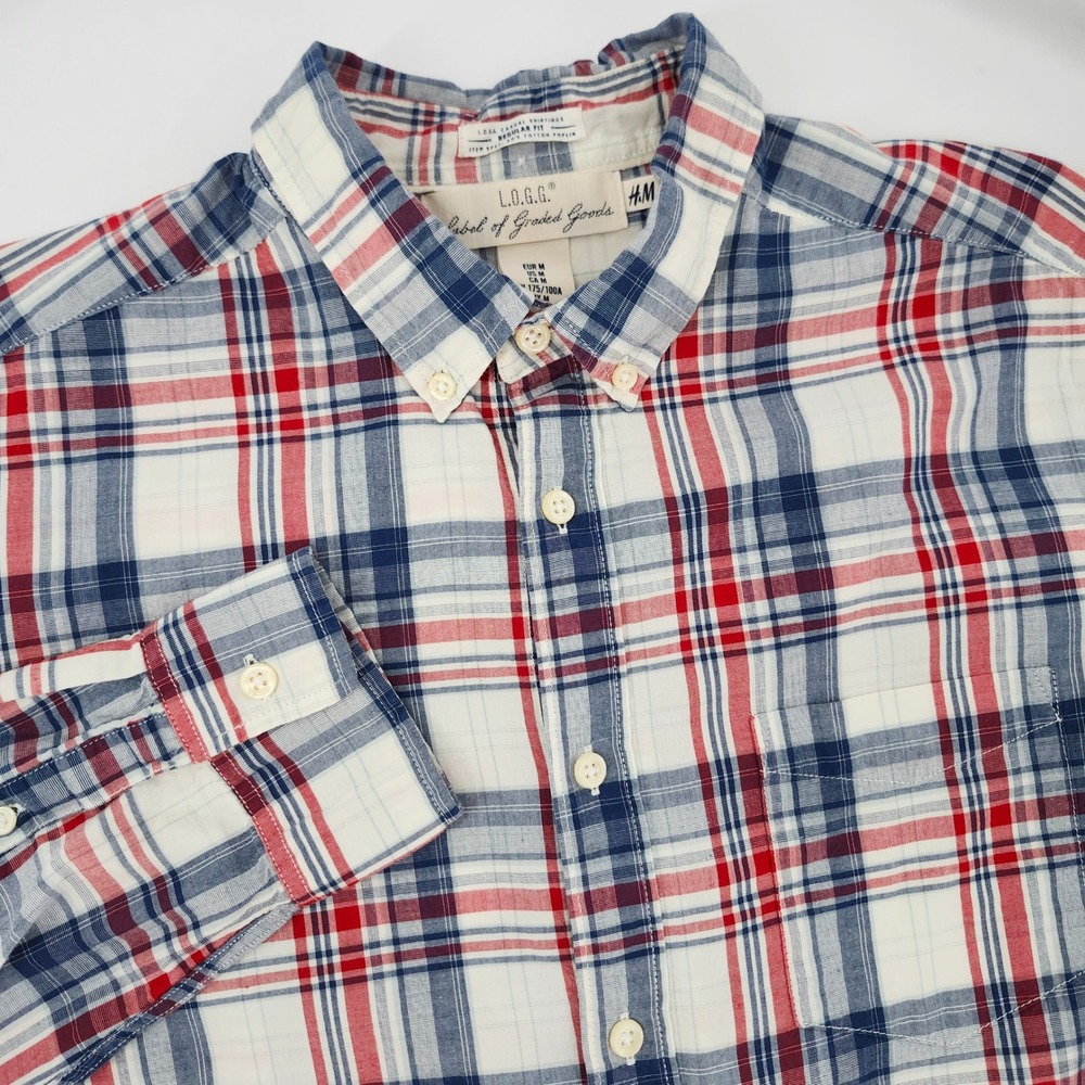 H&M Mens Red Blue Plaid Button Down Shirt Size M Preppy Americana Ivy League